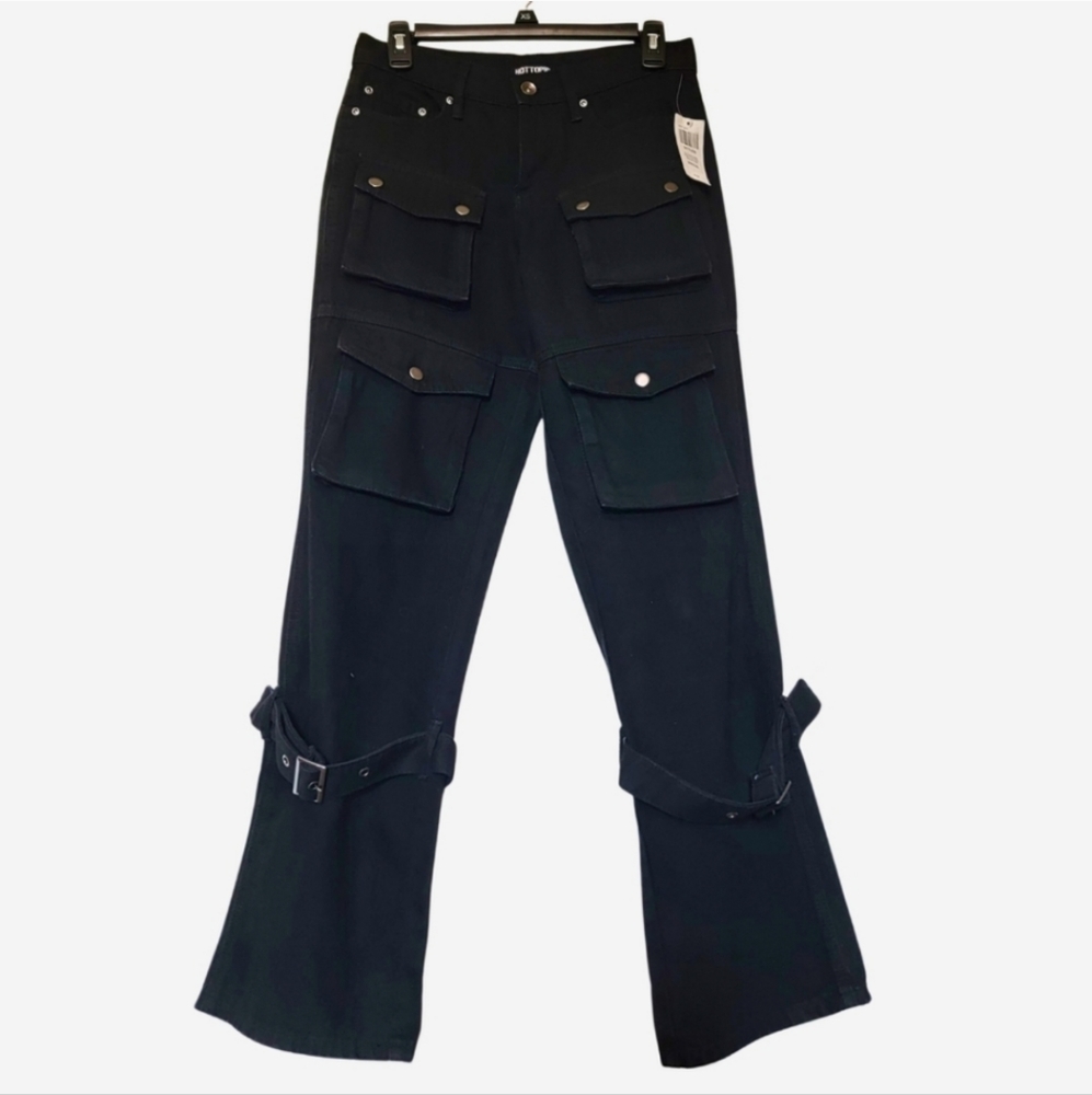 HOT TOPIC Men's Black Cargo Jeans With Buckles Straight Leg Goth Punk Size 28x32